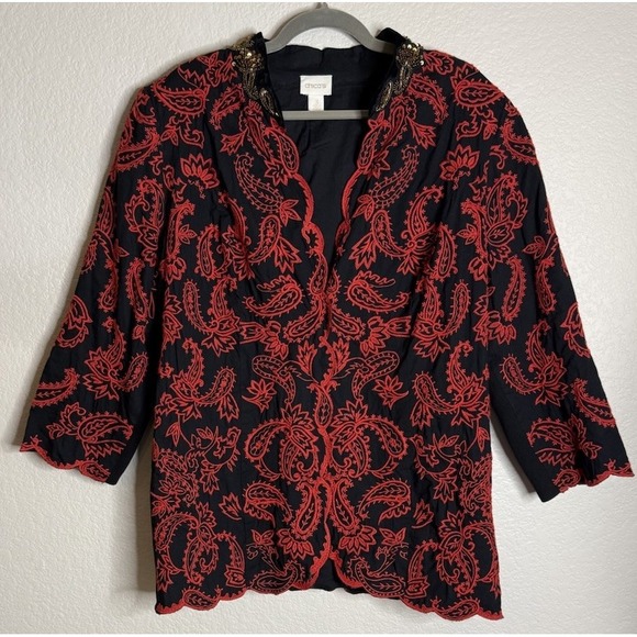 Chico's Tops - Chicos 3 US XL Womens Black Red Embroidered Beaded Jacket Paisley‎ Holiday